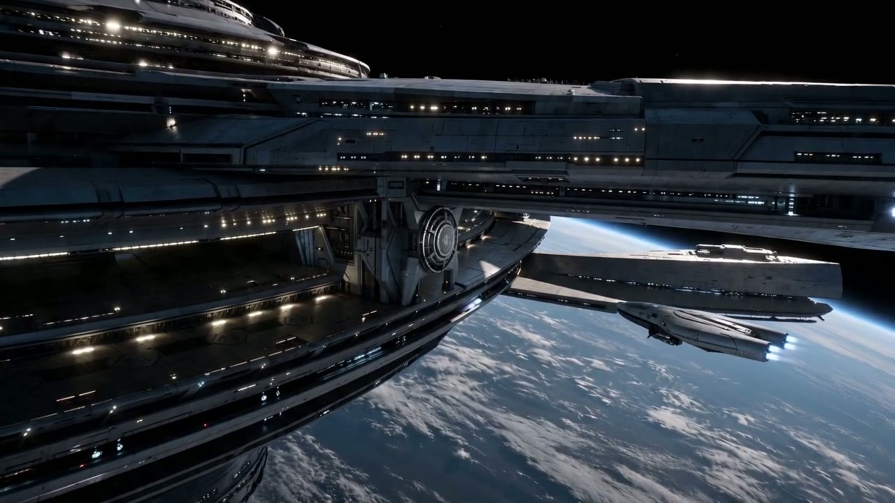 An early approach-style take — the shuttle nosing toward a berth on the Pathfinder's hull