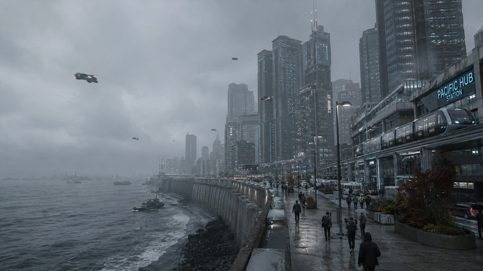 Earth in 2098 — a hardened, green-walled coastal city at dusk